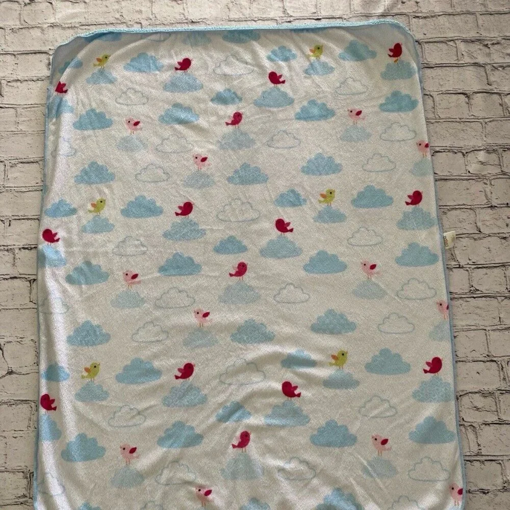 Circo White Clouds Soft‎ Fleece Blue Sherpa Back Baby Blanket Pink Green Birds